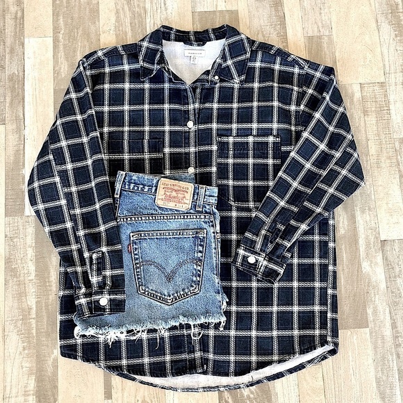 TOPSHOP Oversized Plaid Shacket Shirt Jacket Denim Navy Blue 6 EB - Picture 3 of 16